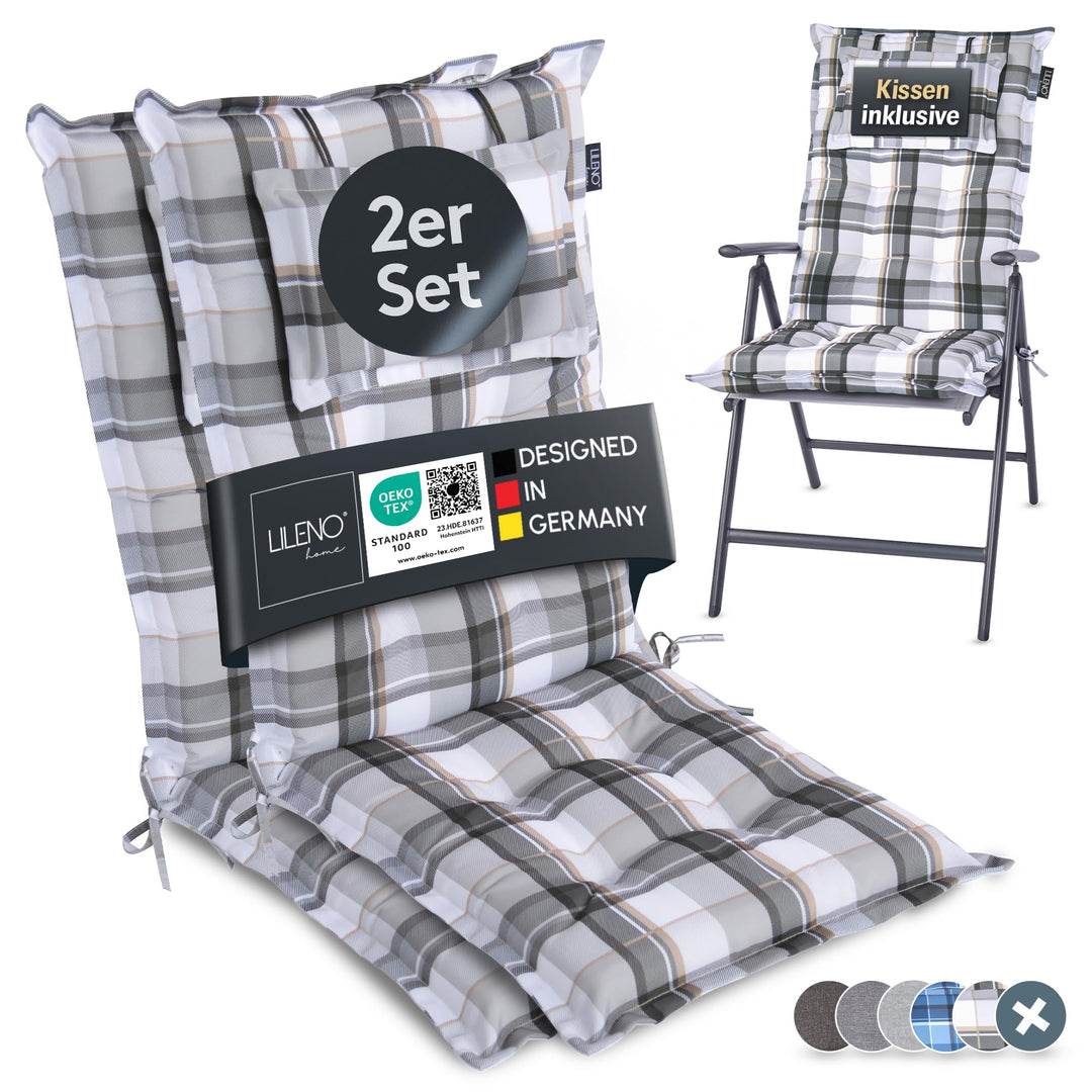 LILENO HOME Gartenstuhl Auflagen als [2er Set - Hochlehner] in Karo Grau Y - Bequeme Liegen als Sitz