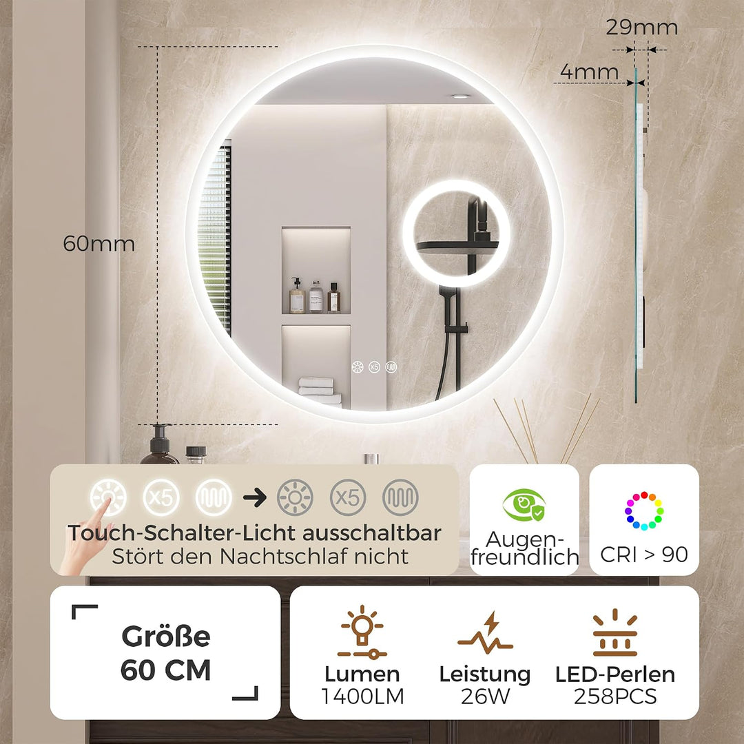 STARLEAD 60cm Rund-LED-Badspiegel-mit-Beleuchtung 60L x 60B cm M3051 Danube Silver (5-fache Lupe), 6