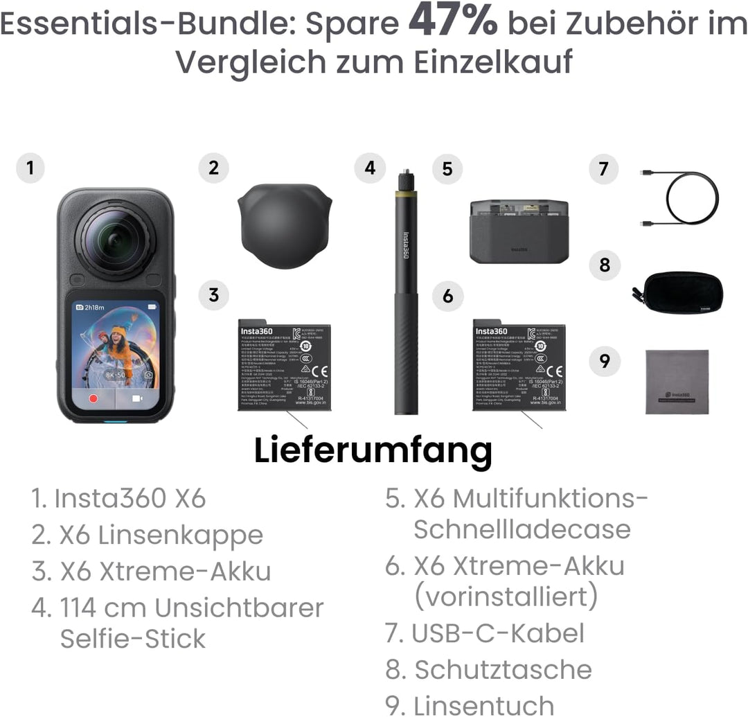 Insta360 X6 Essentials-Bundle– 8K 360 Grad Kamera mit 1/1,1"-Sensoren Mitternachtsschwarz Essentials