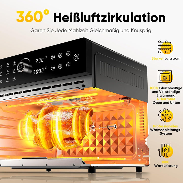 30L Heissluftfritteuse XXL Minibackofen mit LED-Touchscreen, Minibackofen mit Umluft mit 20 Programm