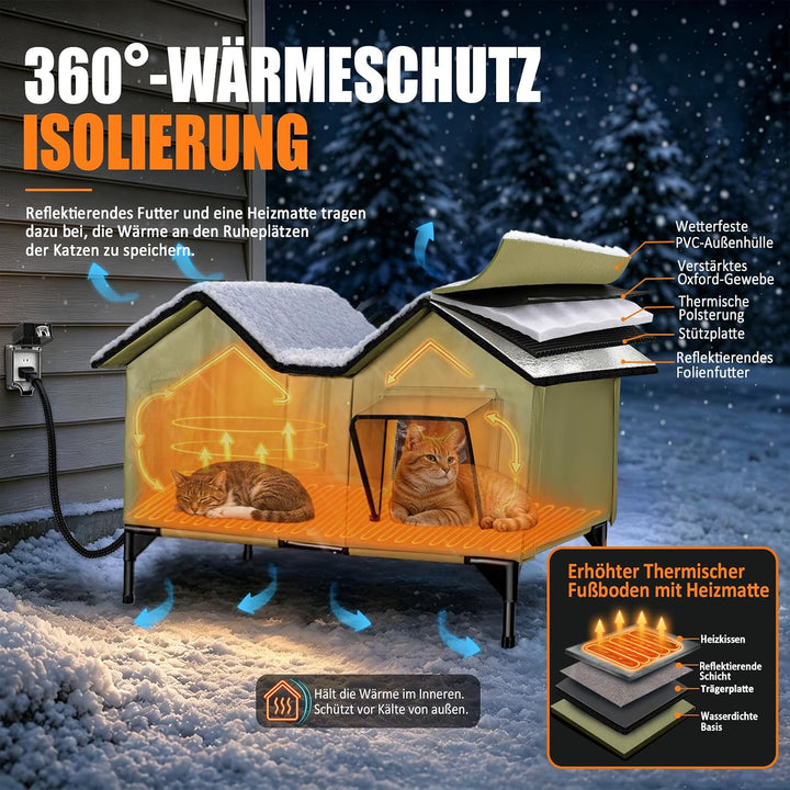 Beheiztes Katzenhaus Outdoor Winterfest, extra grosses isoliertes Katzenhaus für draussen mit Heizpo
