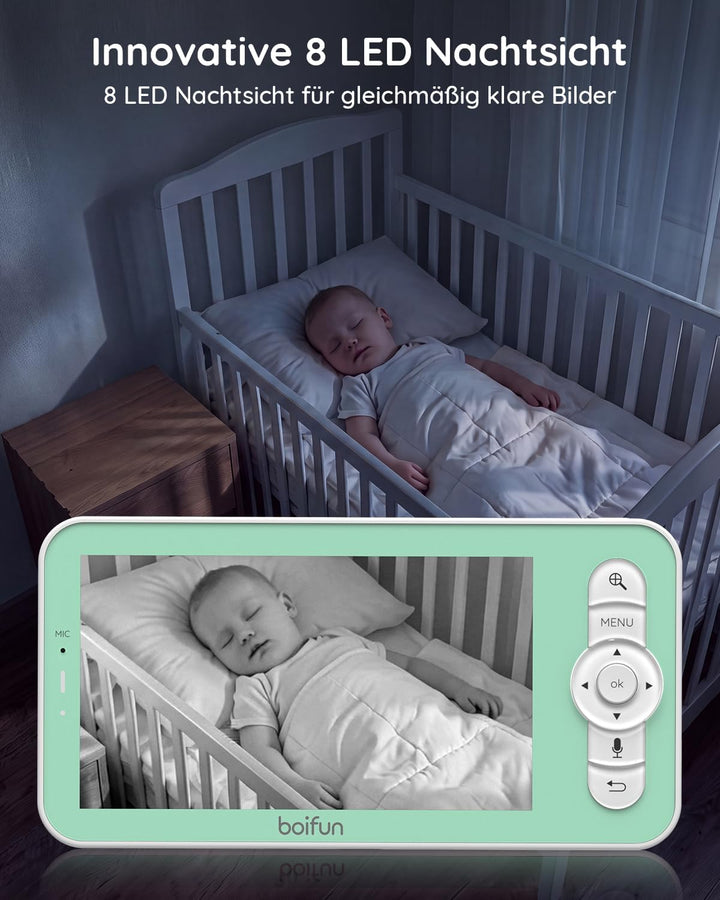 BOIFUN Babyphone mit 2 Kamera App, 2K HD Bild, PTZ 355°/60°, 4×Zoom, Automatische Verfolgung, Weinen