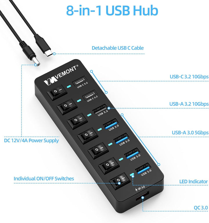 USB 3.2 Hub mit Netzteil, VEMONT 8-Port USB C Hub mit 10Gbps Port &amp; 12V/4A Schwarz 8 Ein Netzteil +