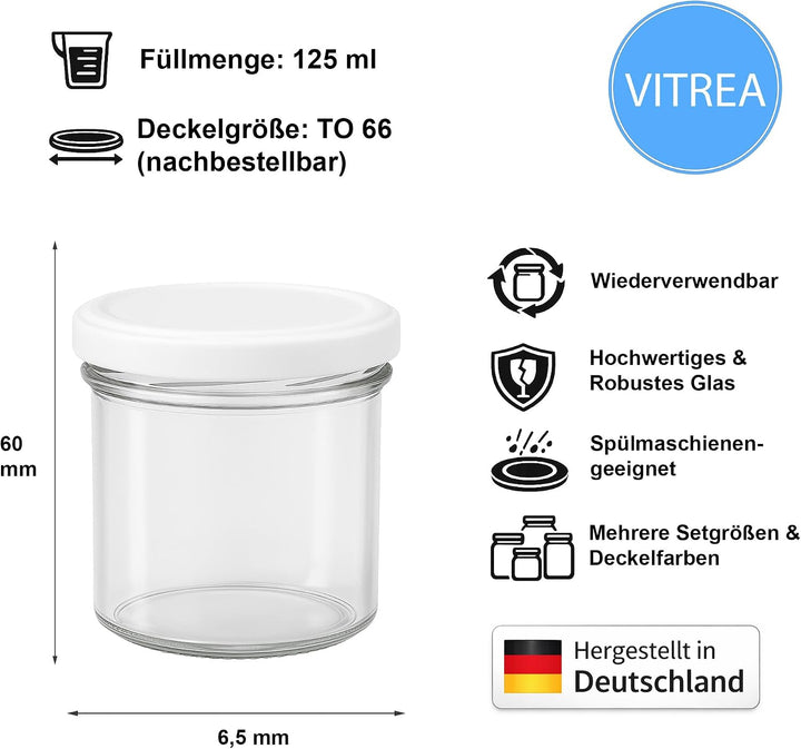 Vitrea 12x Marmeladengläser 125 ml - mit Deckel Weiss TO 66 - Einmachgläser zum befüllen mit Schraub
