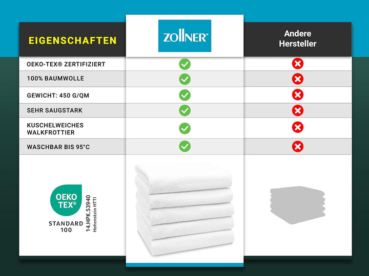 ZOLLNER 5er Set Duschtücher, Badehandtücher, 70x140 cm, Baumwolle, weiss Weiss 5er Set, Weiss 5er Se