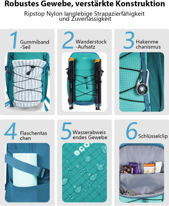 ECOHUB Leichter Atmungsaktiver Wanderrucksack mit Vielen Fächern aus PET Blaugrun, Blaugrun