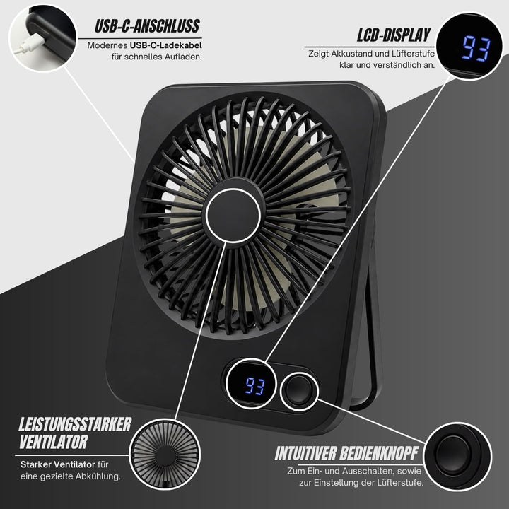 Tischventilator Schwarz - USB-betrieben, kompakt, leise, 5 Geschwindigkeitsstufen, LED Batterieanzei