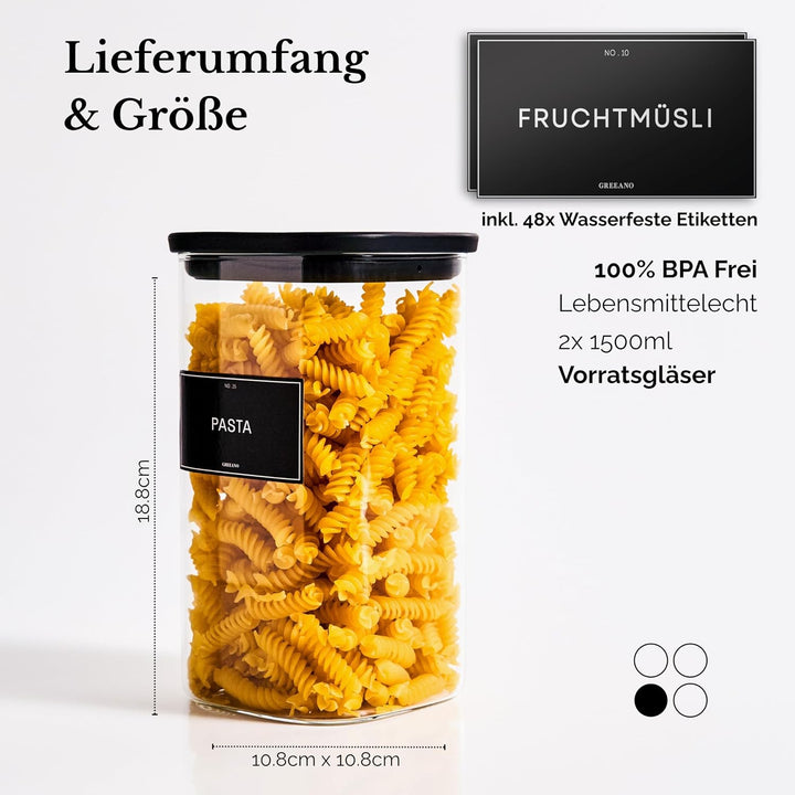 Vorratsgläser eckig mit Glasdeckel 1500ml [2er Set] – Vorratsdosen Glas luftdicht &amp; mottensicher – A