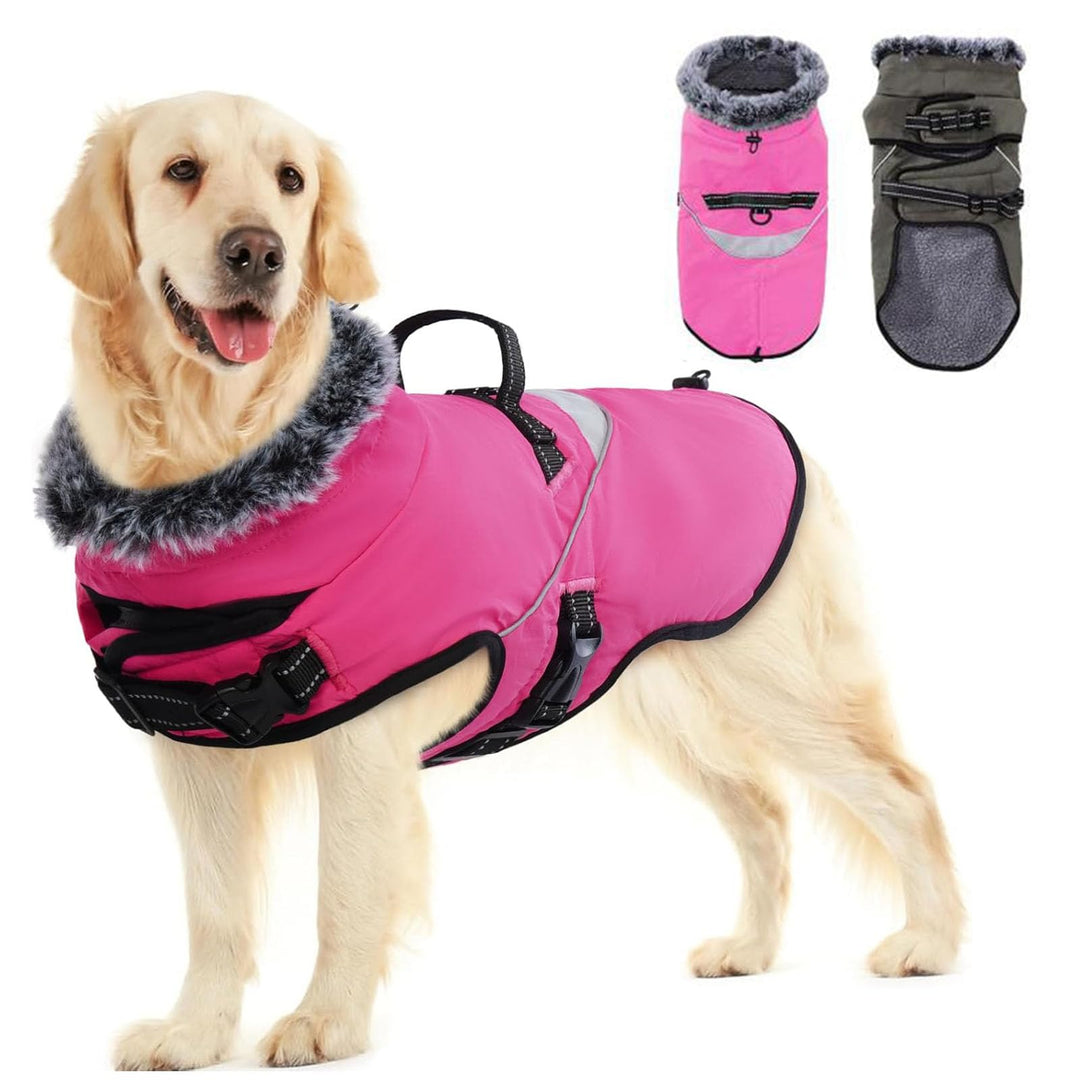 LIANZIMAU Wasserdichter Hundemantel mit Geschirr Wintermantel Hundepullover Fleece Reflektierende Hu