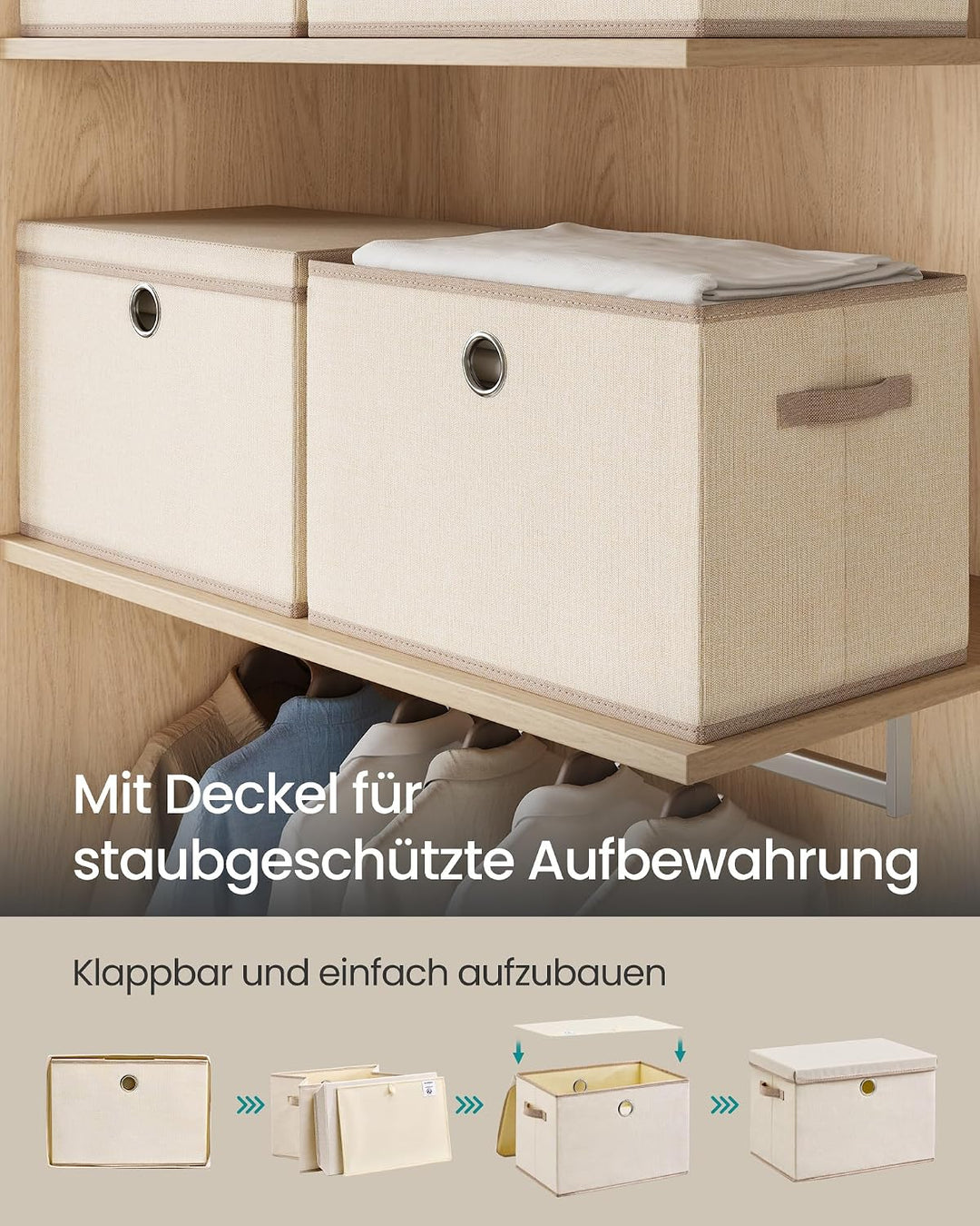 SONGMICS Aufbewahrungsboxen, 3er Set, mit Deckel, Stoffboxen mit Griffen Cappuccinobeige, Cappuccino