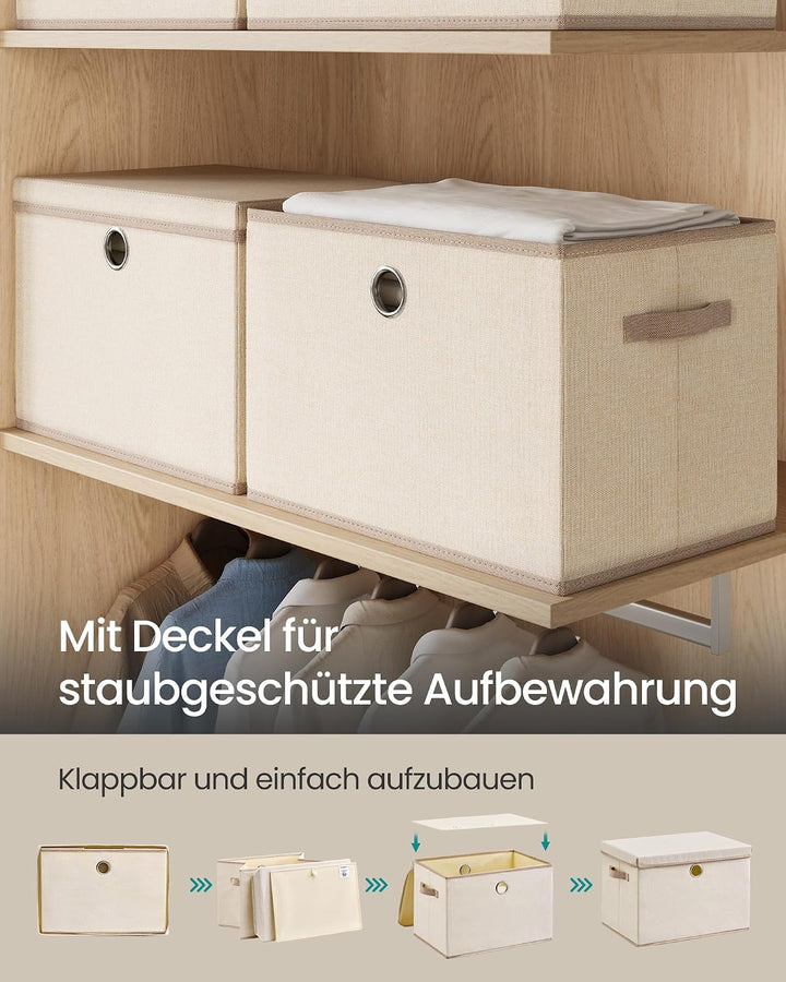 SONGMICS Aufbewahrungsboxen, 3er Set, mit Deckel, Stoffboxen mit Griffen Cappuccinobeige, Cappuccino
