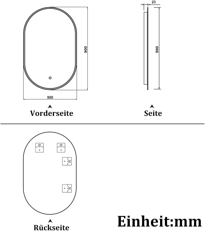 Badspiegel 90×50cm Rundbahn 3 Lichfarbe dimmbar Memory Wand/Touchschalter Anti-Beschlag Badezimmersp