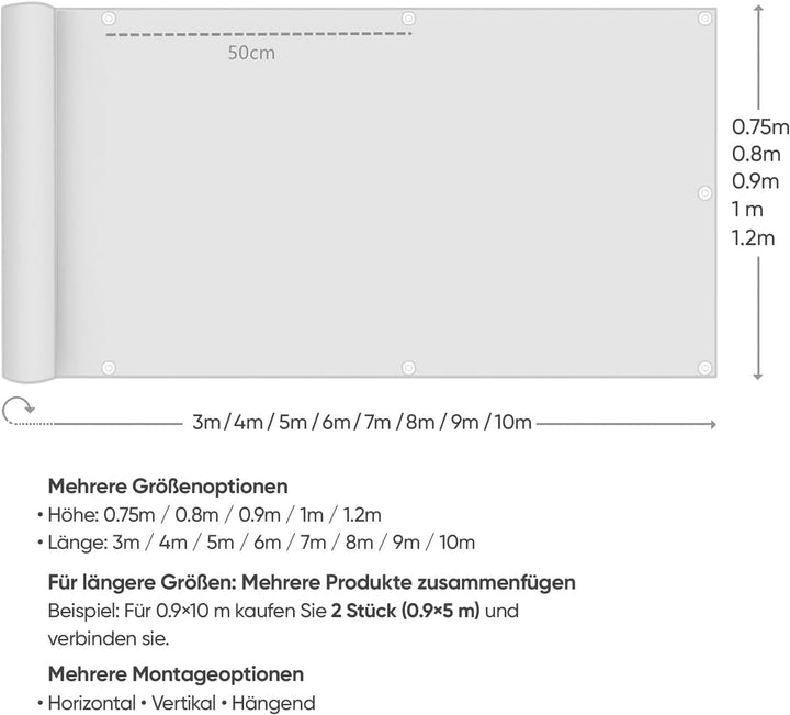 Sekey Balkon Sichtschutz Balkonabdeckung Balkonverkleidung blickdichte Wind- und UV-Schutz, 100% Pri