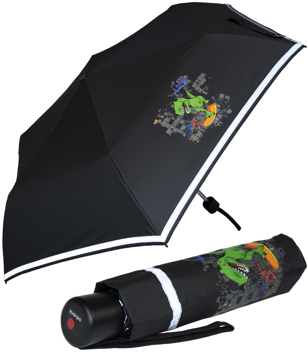 Knirps Kinder-Taschenschirm 4Kids Reflective mit Reflexborte - T-Rex, 90 cm, T-rex