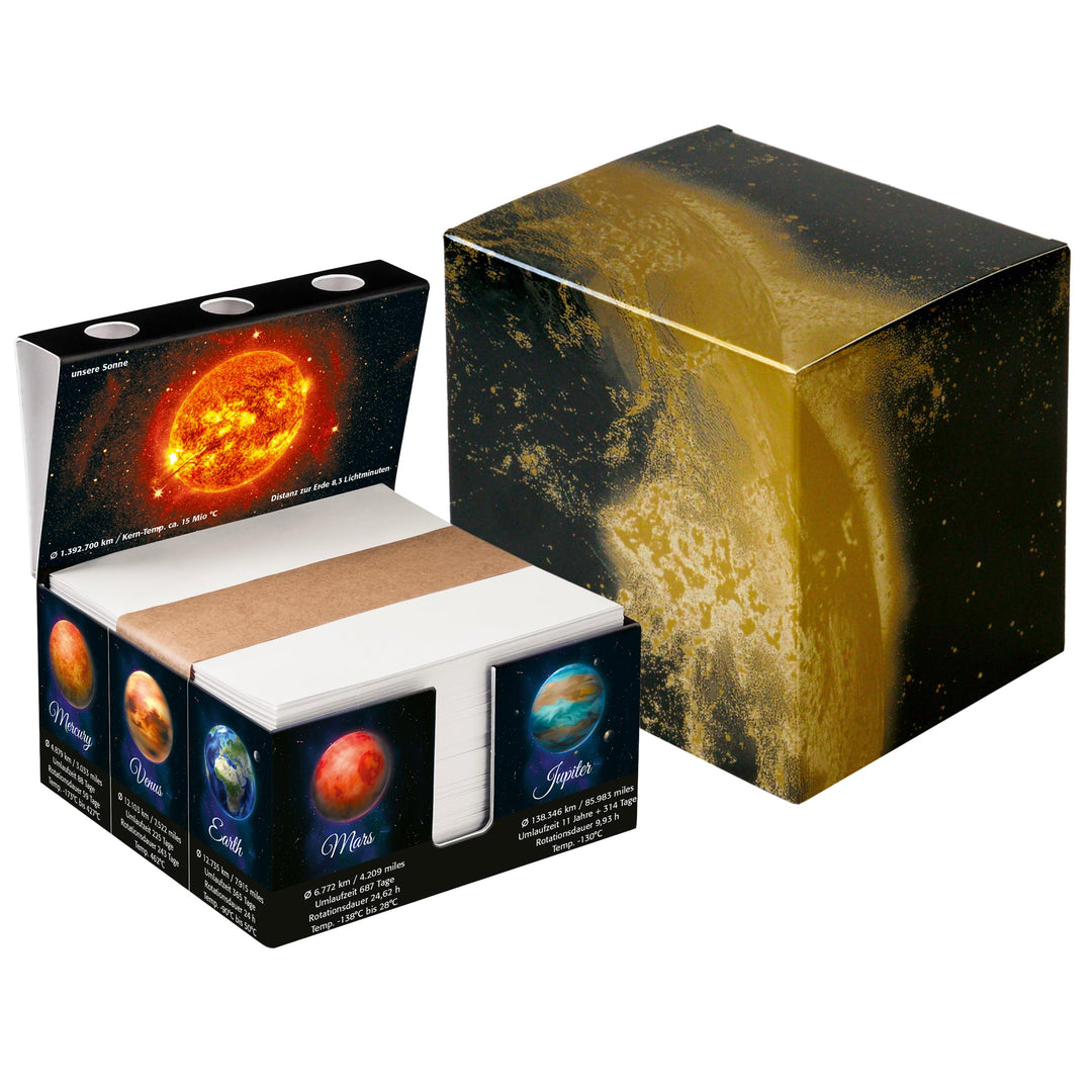 Zettelbox „SOLAR SYSTEM“ aus stabil verklebtem Vollkarton, Notizzettel aus kräftigem Papier (1er-Set