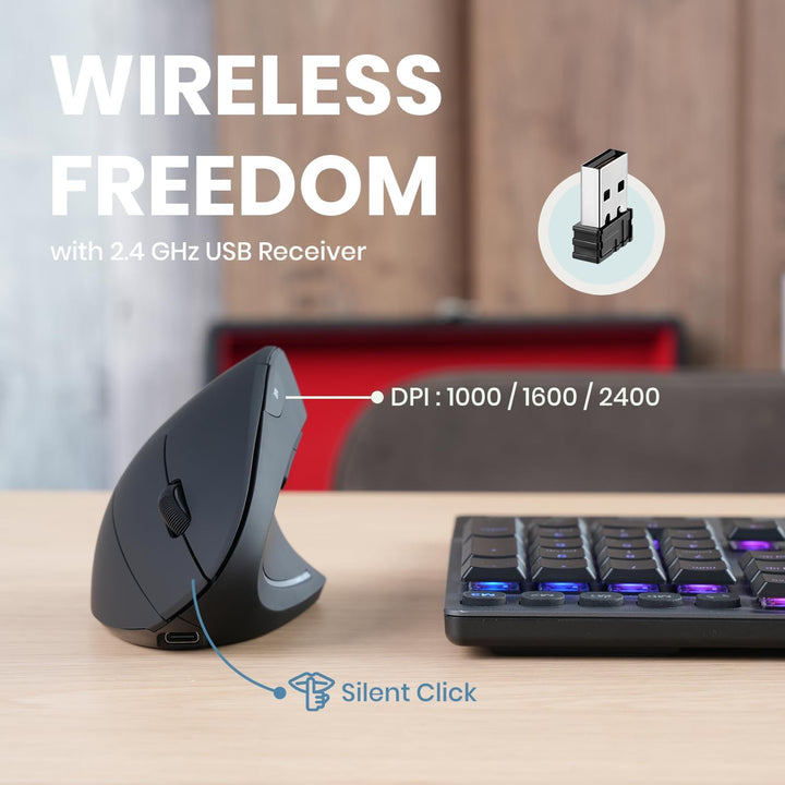 Perixx PERIMICE-713R Wireless Rechargeable Vertical Mouse - Duo Wired and Wireless Charging Feature