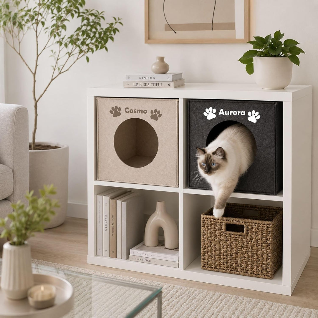 Personalisierte Katzenhöhle Filz mit Name, Katzenhaus Würfel passend für Kallax Regal, Beige, Beige