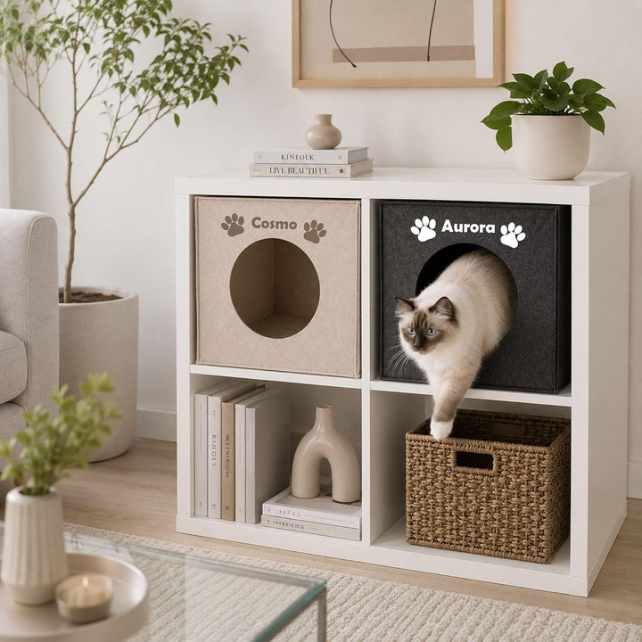 Personalisierte Katzenhöhle Filz mit Name, Katzenhaus Würfel passend für Kallax Regal, Beige, Beige