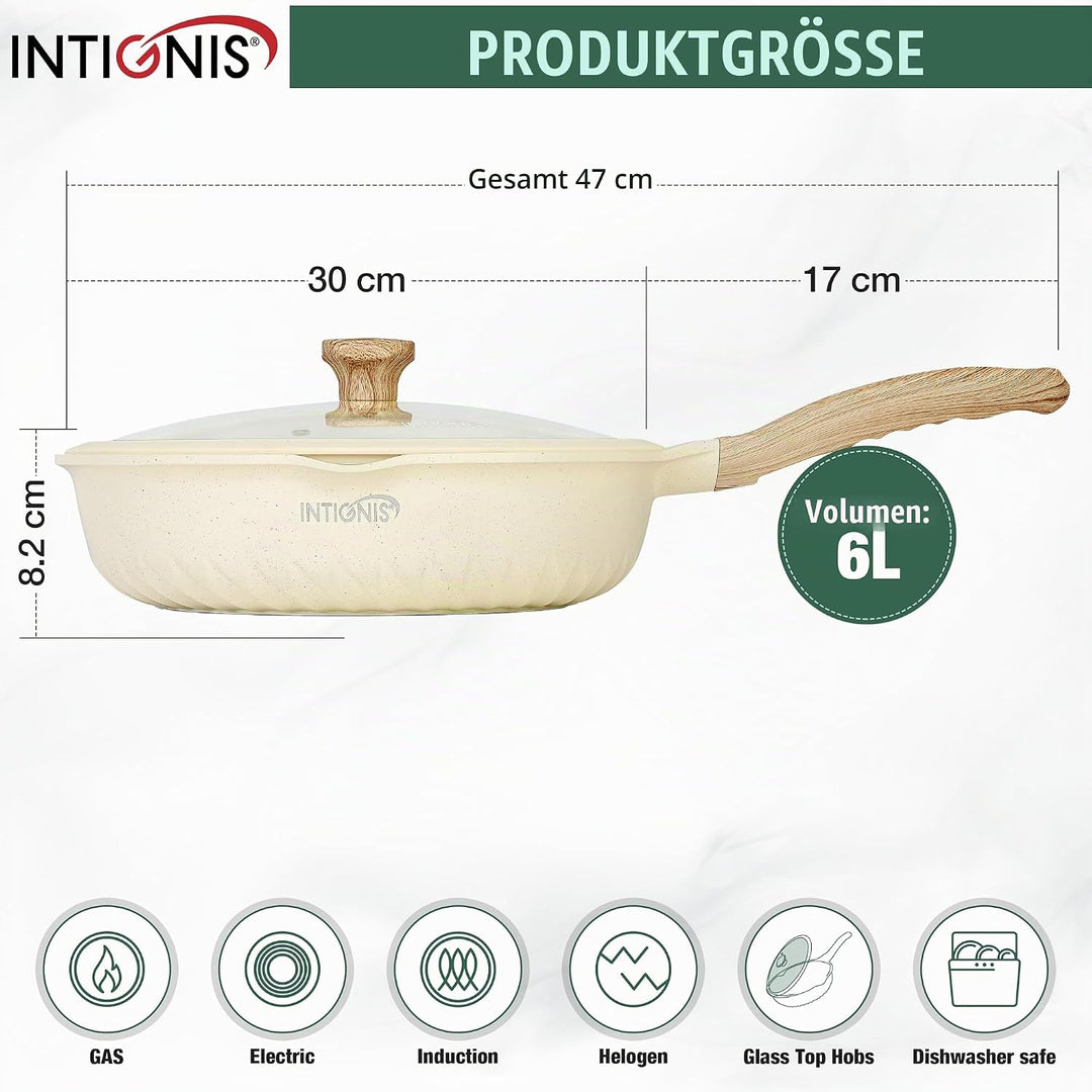 NTIGNIS® Premium 30 cm tiefe Bratpfanne mit Deckel, kratzfest, induktionsgeeignet, antihaftbeschicht
