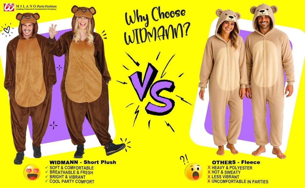 W WIDMANN MILANO Party Fashion - Tier Overall für Erwachsene, weicher Plüsch Jumpsuit mit Kapuze, Ti