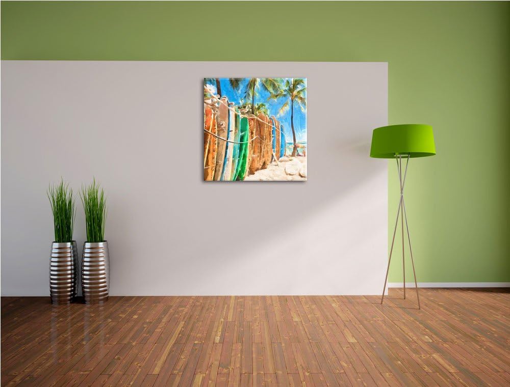 Pixxprint bunter Surfboards am Strand, Format: 70x70 auf Leinwand, 70x70