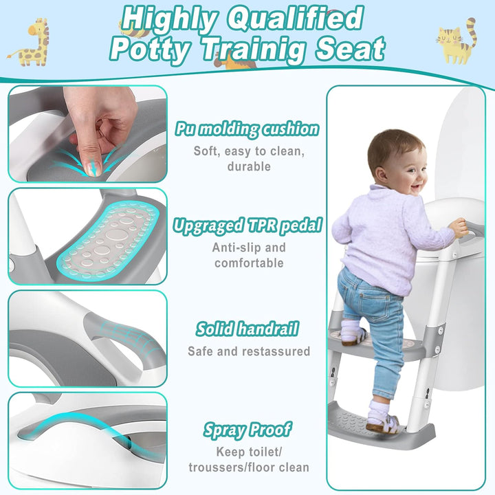 Upgraded Toilettensitz Kinder Mit Treppe – Höhenverstellbarer, Klappbarer WC-Aufsatz Mit PU-Polsteru