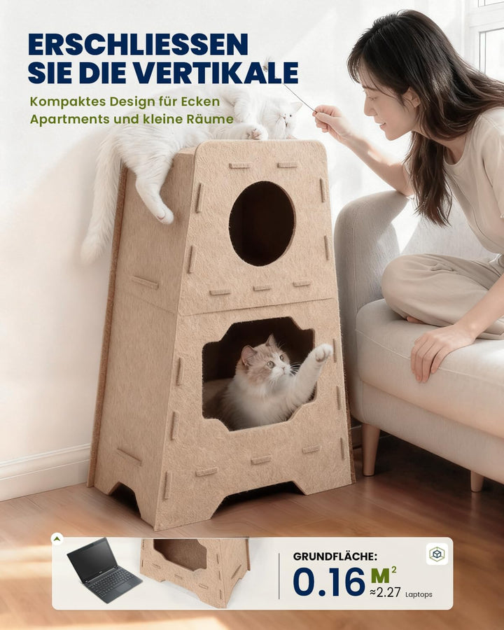 Katzenhöhle Filz Katzenhaus aus Filz für grosse Katzen, Katzen Höhle 3-Ebenen, Trapezform Stabiles K