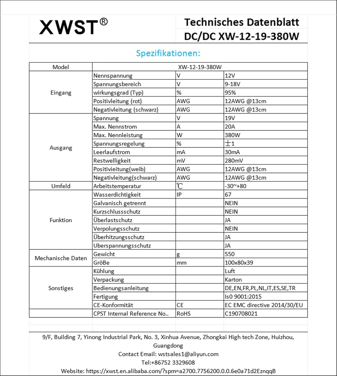 XWST DC 12V auf 19V 20A 380W Spannungswandler Auto Netzteil Wandler Konverter Transformator Adapter