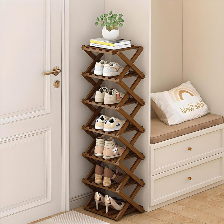 Vertikales Schuhregal Klein, Schuhschrank Hoch für Schlafzimmer, Wohnzimmer Braun, 7 Etagen, Braun,