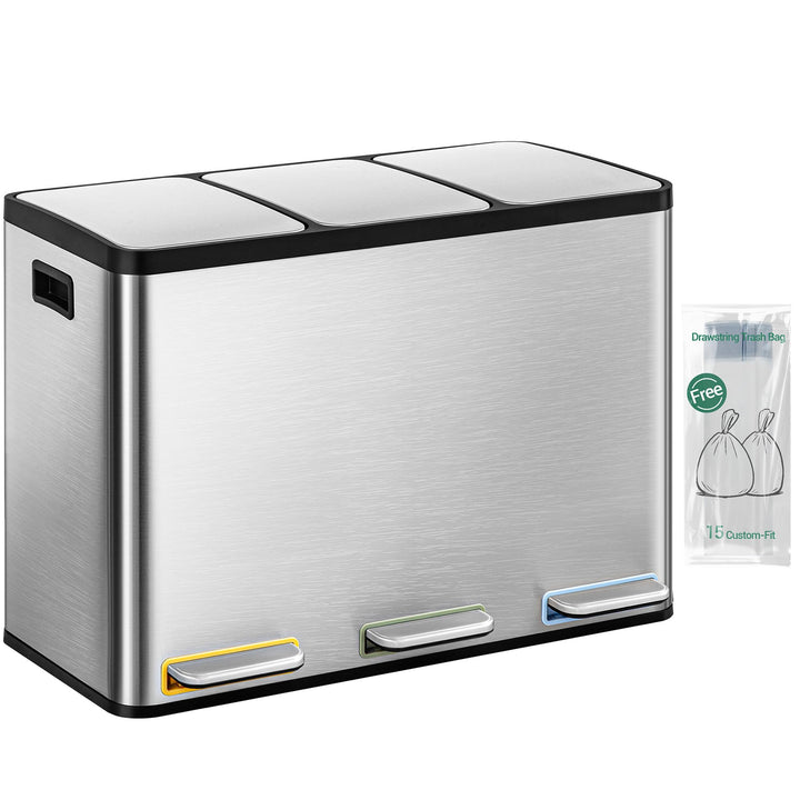 Hzuaneri Mülleimer Küche, Mülltrennsystem 3 Fächer 45L (3 x 15 L), Edelstahl-küchenmülleimer, Tretmü
