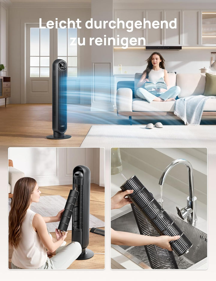 Dreo Leiser Turmventilator für Schlafzimmer, 7,3m/s Geschwindigkeit Ventilator mit Kühlung, 90° oszi