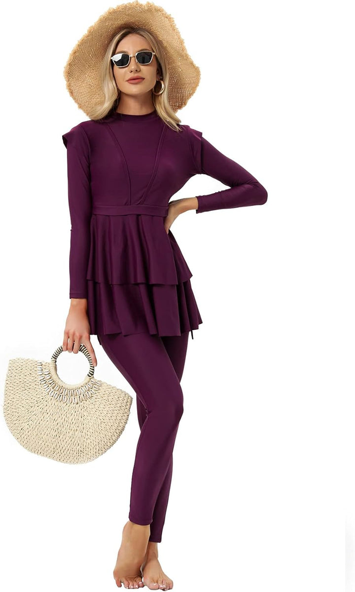 seafanny Damen Modest Badeanzug Langarm Burkini Full Cover Muslim Badeanzug 38 Wein Rot, 38 Wein Rot