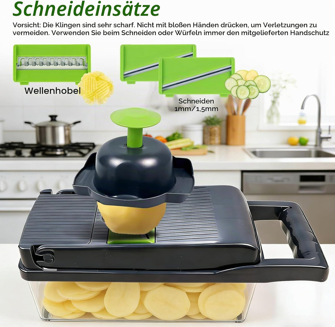 16-in-1 Gemüseschneider &amp; MandoIine – Multifunktionaler Gemüsehobel mit Auffangbehälter, Abtropfkorb