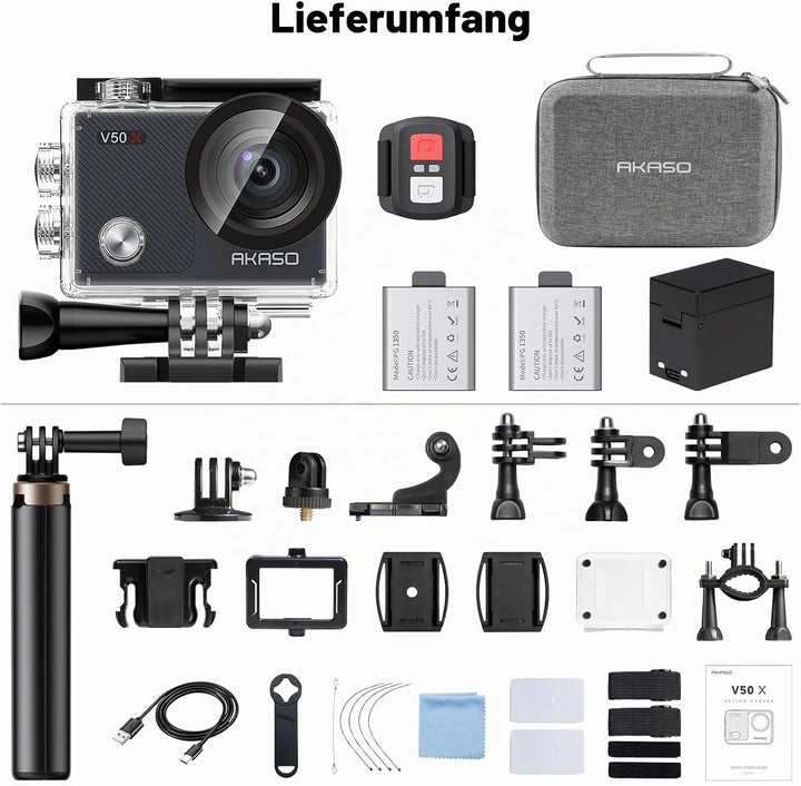 AKASO Action Cam 4K30FPS mit 60cm Stativ Selfie Stick und Tasche Unterwasserkamera WiFi 40M EIS Anti