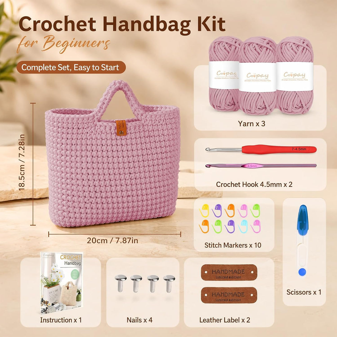 Häkelset Tasche, Crochet Set - 2 Häkelnadel, Anleitung, 3 Dicke Wolle Rosa, Rosa