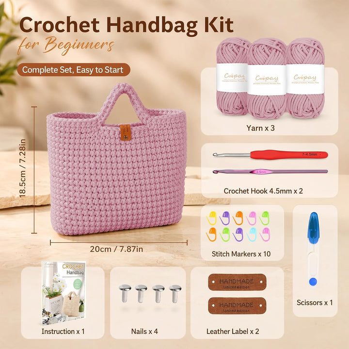 Häkelset Tasche, Crochet Set - 2 Häkelnadel, Anleitung, 3 Dicke Wolle Rosa, Rosa