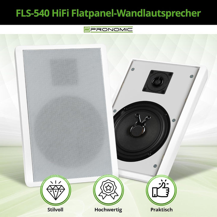 Pronomic FLS-540 WH Flatpanel Wandlautsprecher Boxen Set (2 Paar HiFi Flachlautsprecher, 2-Wege Box,