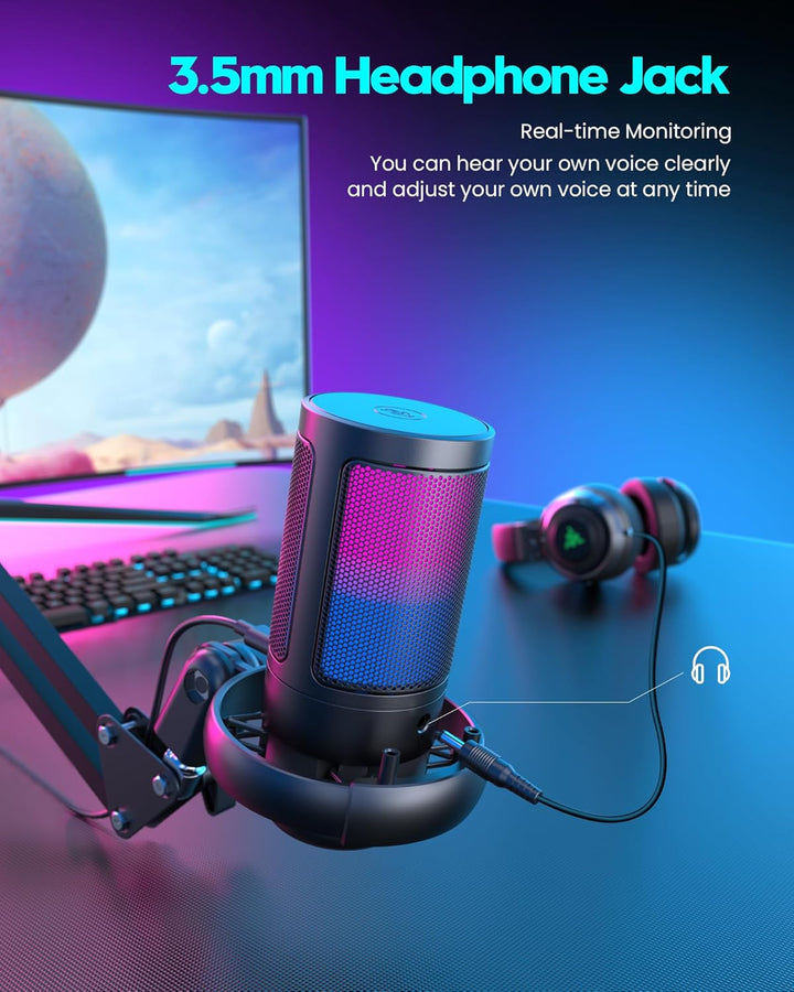Gaming Mikrofon Mit Arm - RGB Podcast Mikrofon für PC, Streaming, PS4/PS5/MAC - USB Microphone
