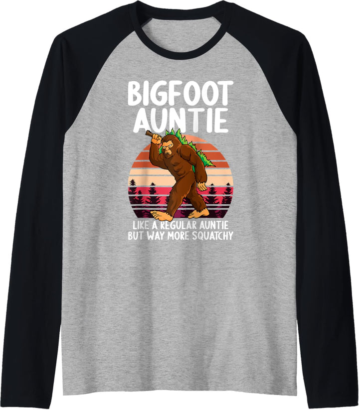 Bigfoot Auntie Squatchy Funny Retro Sunset Sasquatch Aunt Raglan