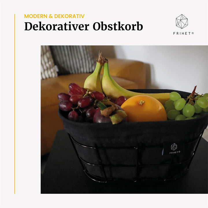 FRIHET 2-in-1 Brotkorb &amp; Obstschale - Metall - waschbare Einlage aus 100% Baumwolle - oval - schwarz