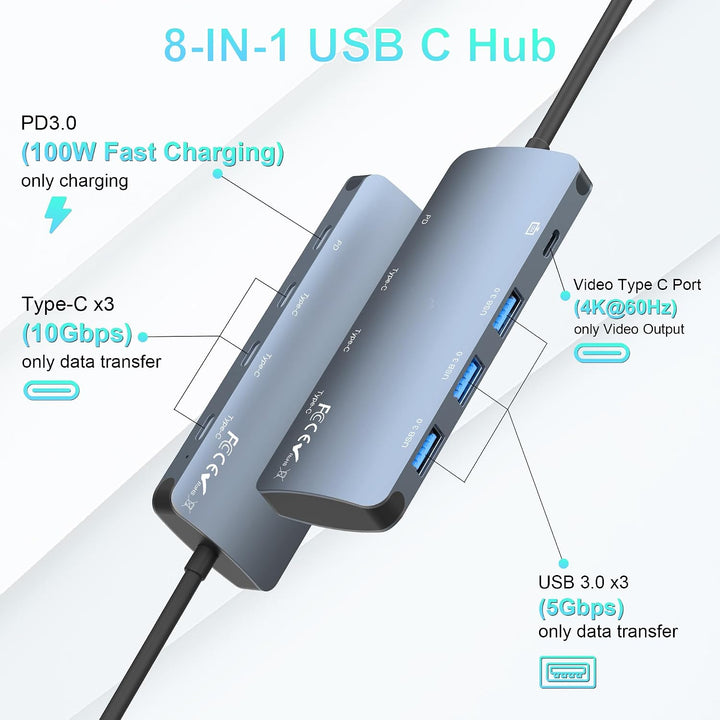 USB C Hub 10Gbps, 8-in-1 USB Hub 3.2 mit 4K@60USB C Hub 8-in-1, USB C Multiport Adapter mit 4K@60Hz
