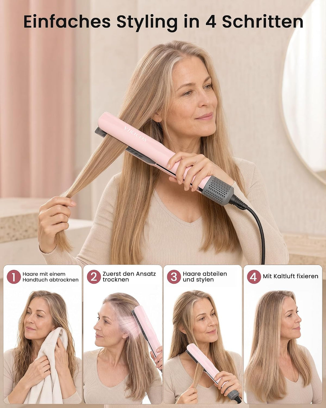 VIKICON Air Haarglätter, Professionelles Ionen Luft-Glätteisen ohne Heizplatten, Glätteisen Locken u