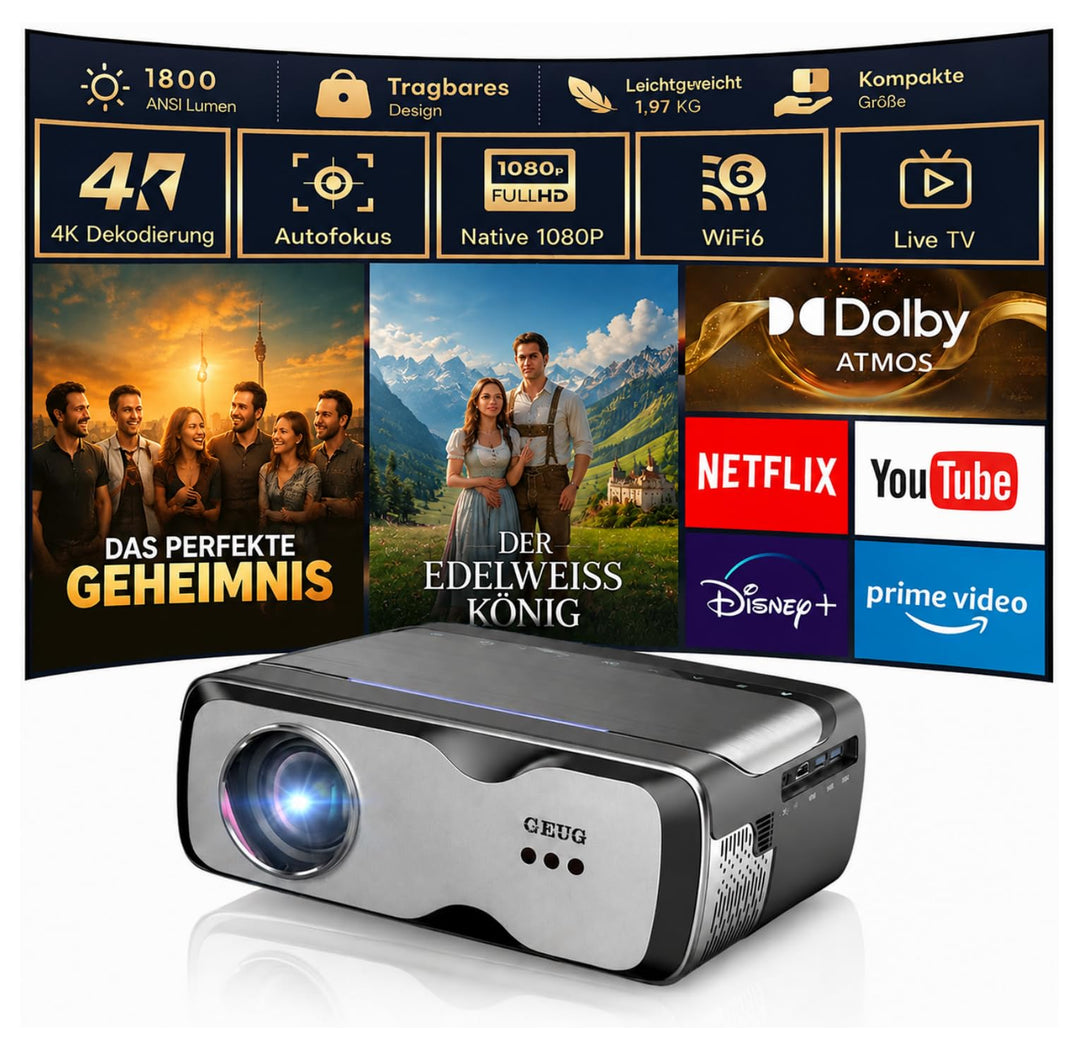 Tragbarer Smart Beamer 1080P mit 4K-Unterstützung, 1800 ANSI, WiFi 6 &amp; Bluetooth 5.4, 35W Dolby Audi