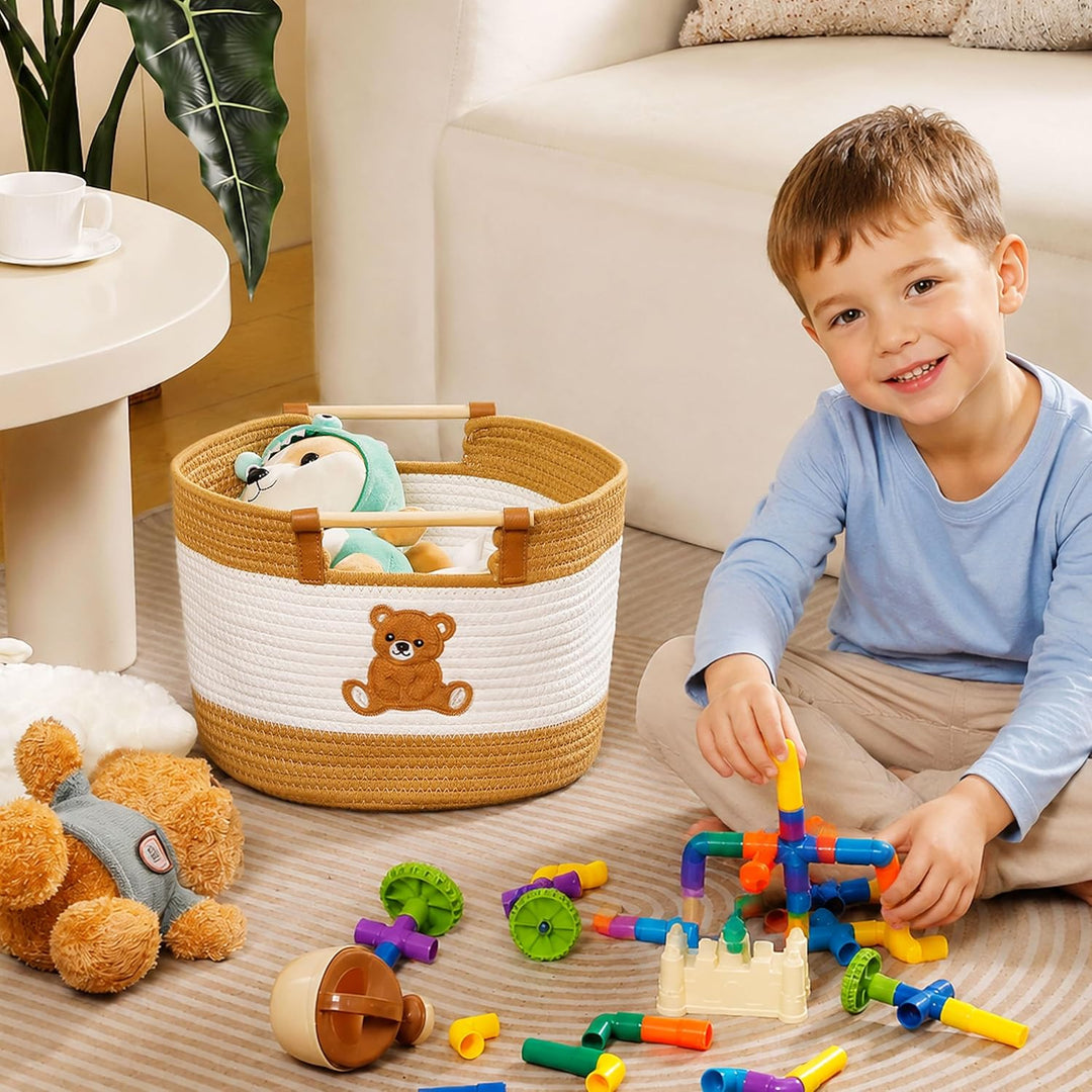 Aufbewahrungskorb Kinder Baby Wäschekorb Geflochten Kinderzimmer Deko, 21L Wäschesammler Baumwollsei