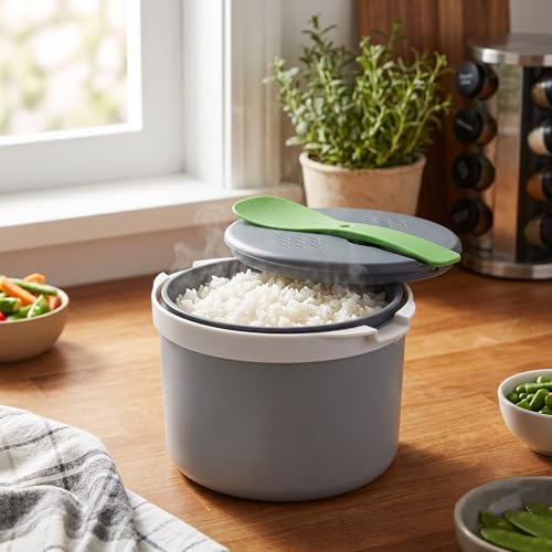 Cocoarm 2L Mikrowellen-Reiskocher-Set, Lebensmittelechtes PP-Material, Reislöffel-Deckelsieb, Dampft