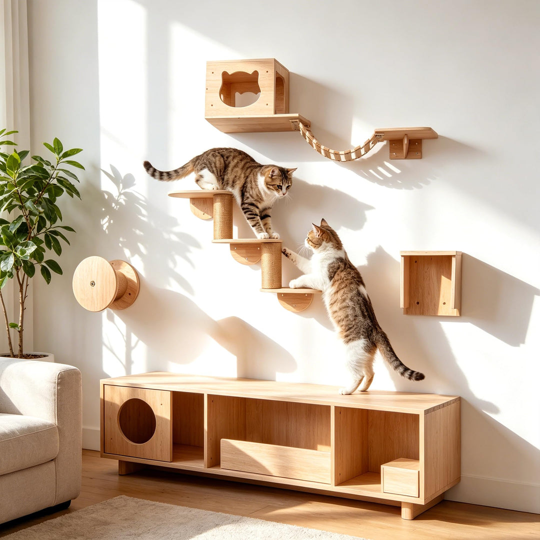 Kletterwand Katzen, 5-teilig Katzen Kletterwand mit Katzenhäusern bis 15 kg 5PCS, 5PCS