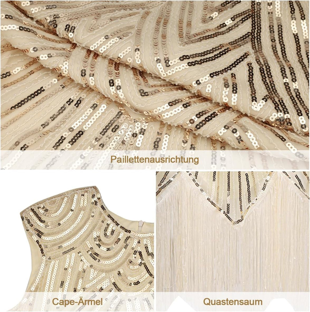 WILDPARTY 20er Jahre Kostüm Damen Charleston Kleid, Flapper Kleid mit Pailletten Perlen Fransen Netz