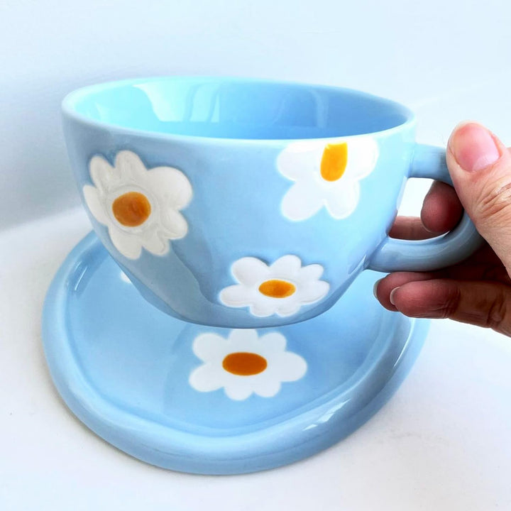 Disoza Kaffeetassen Set mit Untertasse Blau Blumen Tasse Geschenke für Frauen zum Geburtstag Tee Kaf