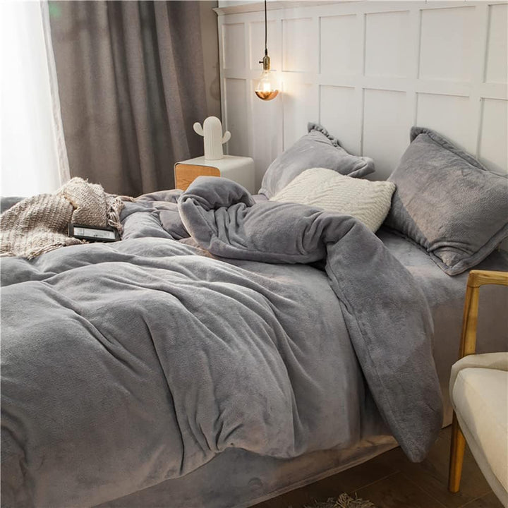 Omela Warm Fleece Winter Bettwäsche 155x220 Silber Grau Cashmere Touch Plüsch Bettbezug mit Kopfkiss