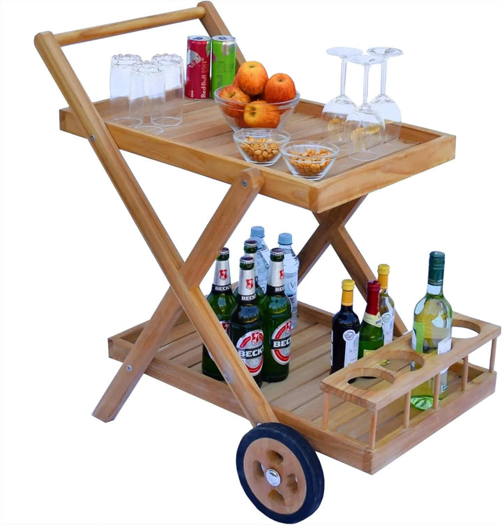 Servierwagen Teakholz Teramo mit 2 Ablagen Massivholz Wetterfest, 70 x 45 x 60 cm, Rollwagen, für Au